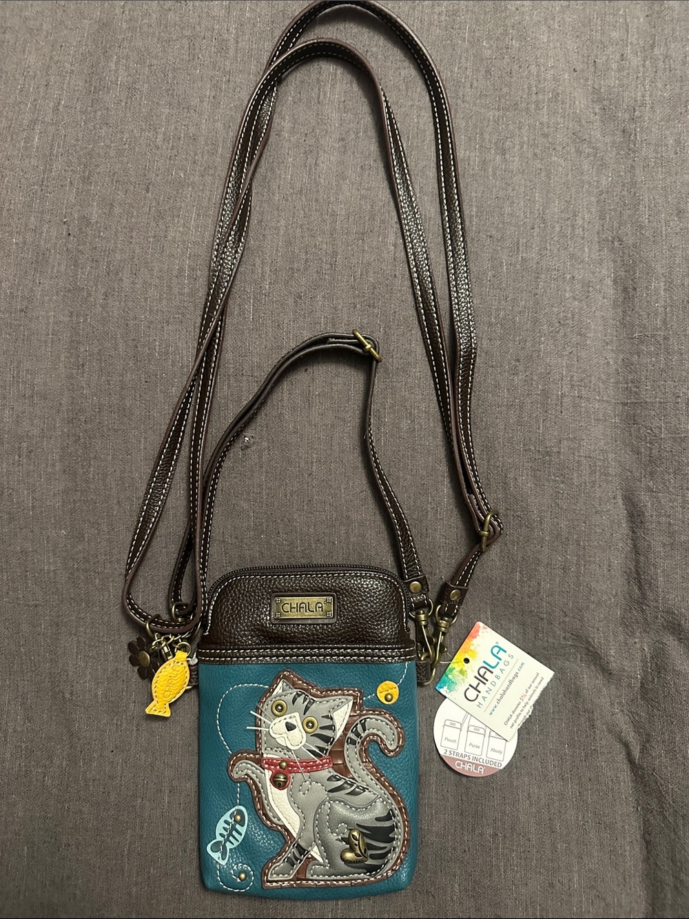 Chala Teal and Brown Crossbody Phone Bag with Cat Applique